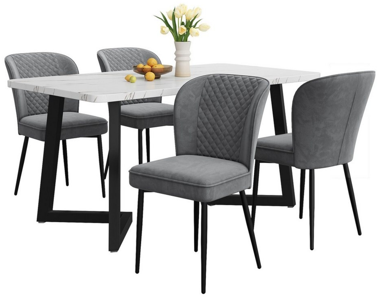 i@home Essgruppe 117×68cm Esstisch mit 4 Stühlen, (MDF Tischplatte in Weißer,Schwarz Tischbeine, Set, 5-tlg, für 4 Personen), Moderner Küchentisch Set,Dunkelgrau Samt Esszimmerstühle Bild 1