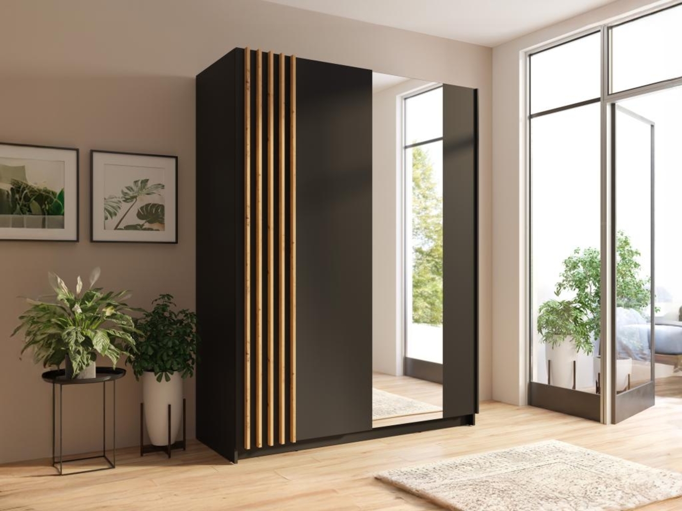 Vente-unique - Kleiderschrank mit 2 Schiebetüren - Mit Spiegel - 200 cm - Schwarz & Holzfarben - CALELA Bild 1