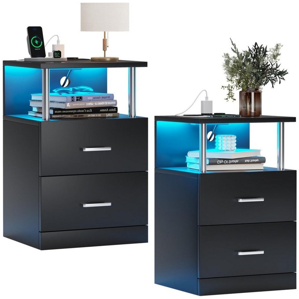MSMASK Nachttisch Moderner Beistelltisch mit LED-Leuchten und 2 Schubladen (2-St), wasserdichte Oberfläche, mit 2 AC-Steckdosen, Schwarz Bild 1