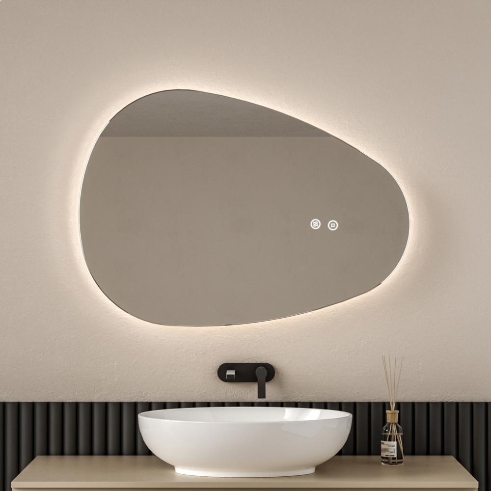 EMKE Spiegel mit Beleuchtung Asymmetrischer LED Badspiegel mit Beleuchtung 60 x 45 cm Touch-Schalter, 3 Lichtfarben Dimmbar, Beschlagfrei Badezimmerspiegel mit Beleuchtung IP44 Energiesparend Bild 1