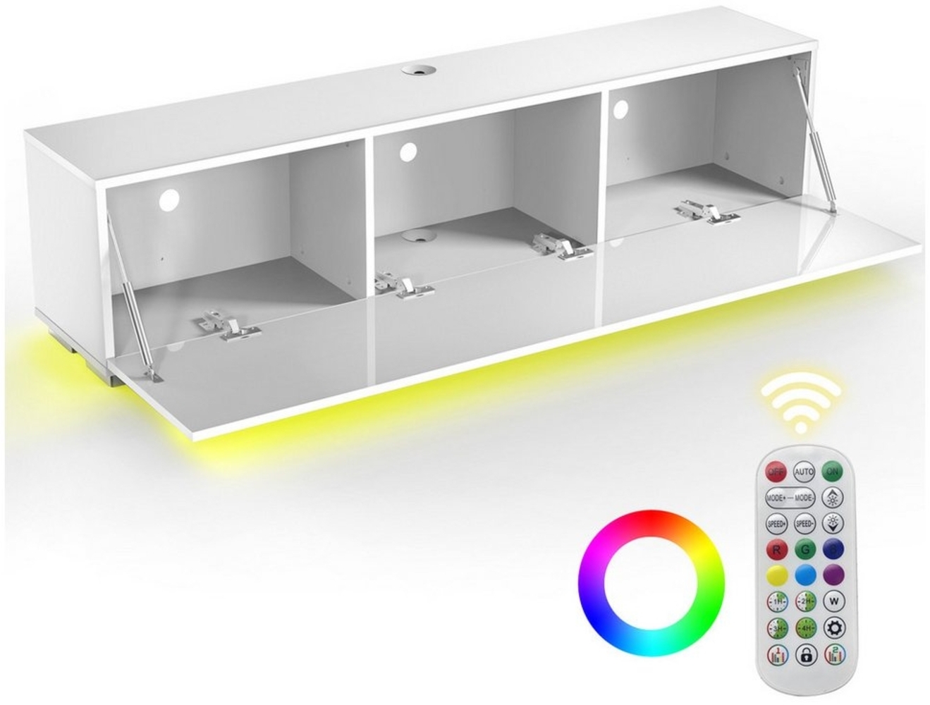 LETGOSPT TV-Schrank Fernsehtisch, TV-Regal, Lowboard Hochglanz Fernsehschrank, 140 x 30 x 35 cm (TV-Schrank mit 16 Farben LED-Beleuchtung, stehend und hängend) 3 Schränken, TV-Board für Wohnzimmer und Schlafzimmer, Weiß Bild 1