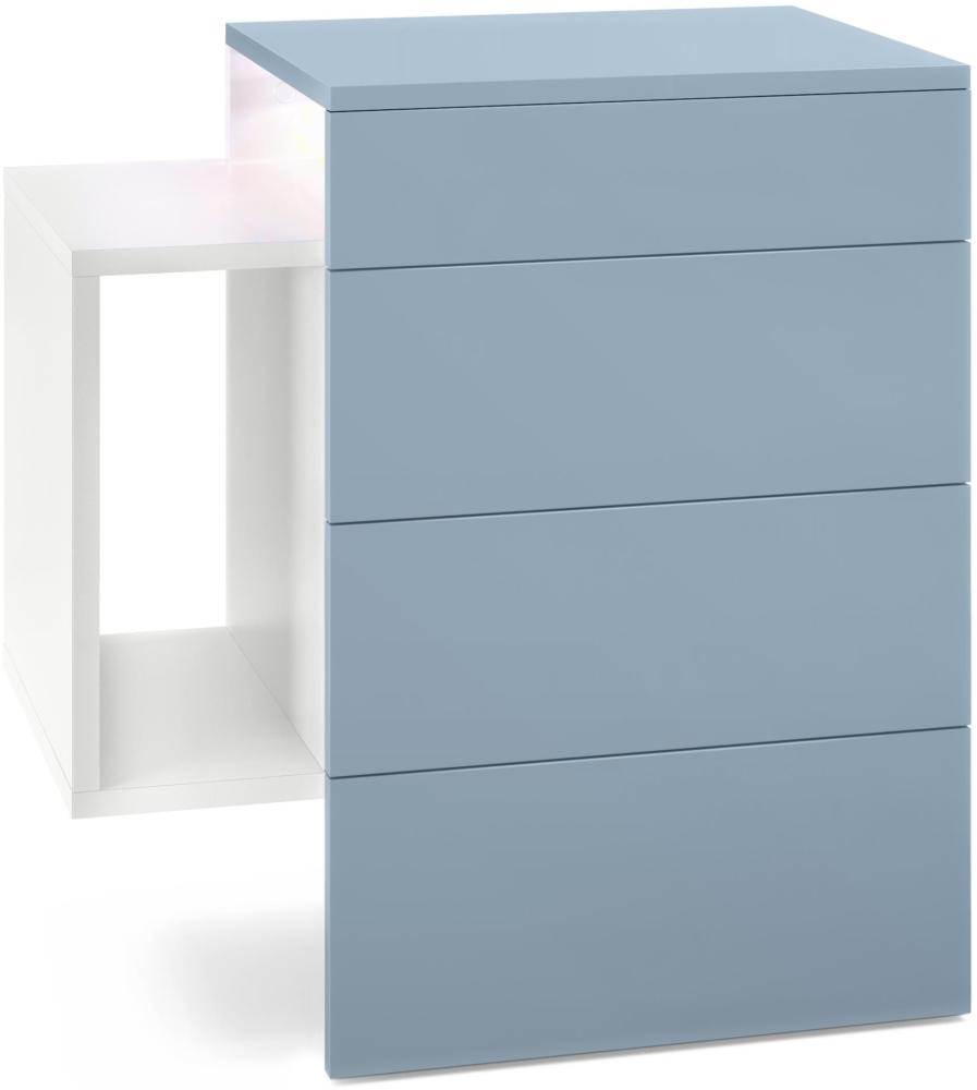 Vladon Nachttisch Queens, Nachttischschrank mit 2 Schubladen und 1 seitlichem Fach zur Wandmontage, Weiß matt/Denim matt, inkl. LED Unterbaustrahler weiß (60 x 63 x 36 cm) Bild 1