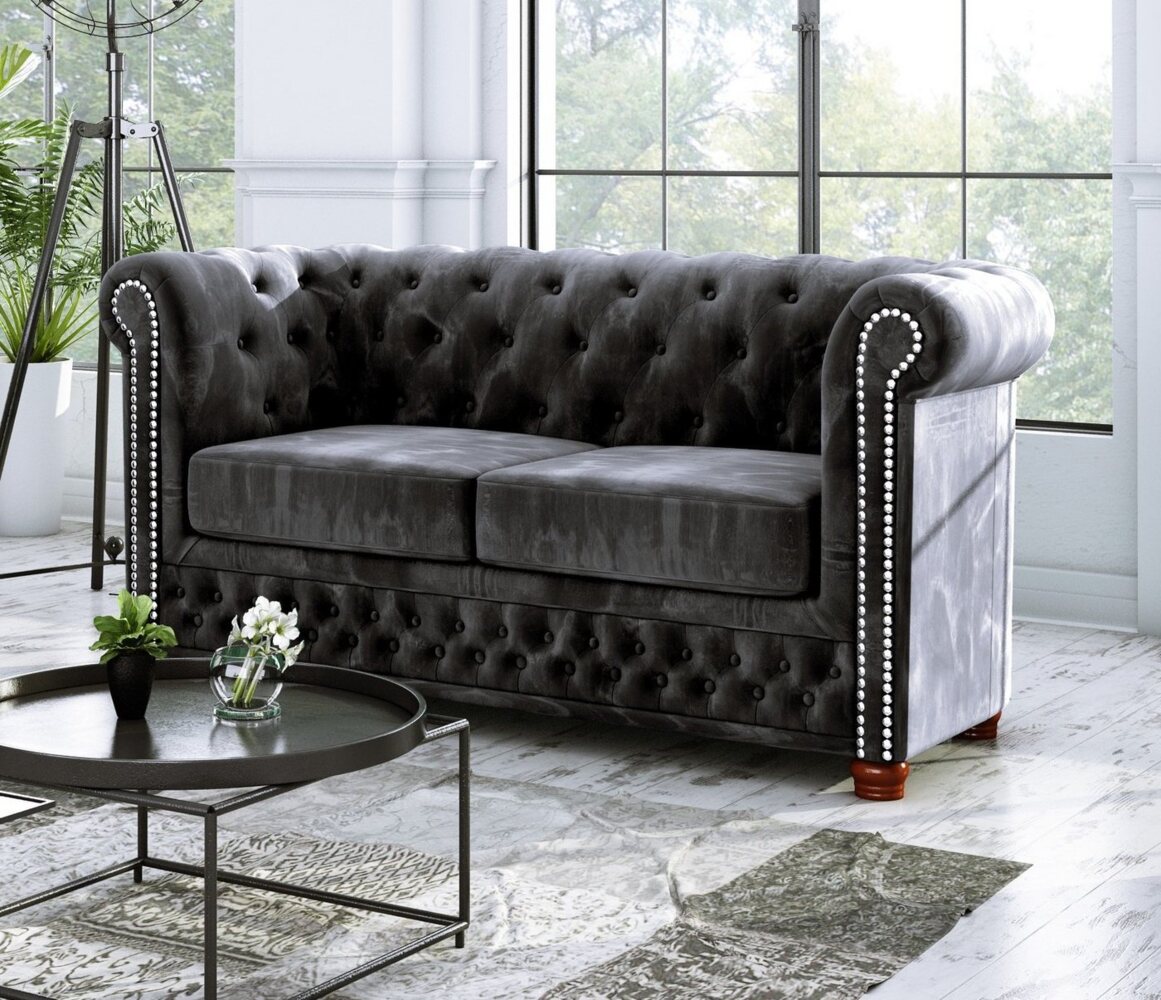 S-Style Möbel Chesterfield-Sofa Leeds 2-Sitzer aus Samt-Stoff mit Holzfüßen, mit Wellenfederung Bild 1