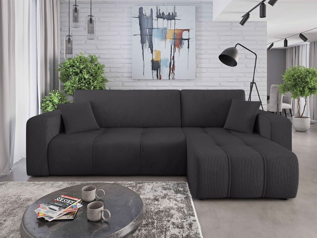 Ecksofa mit Schlaffunktion Sofa DAGNY in Stoff Poso Schwarz Ottomane Rechts Bild 1