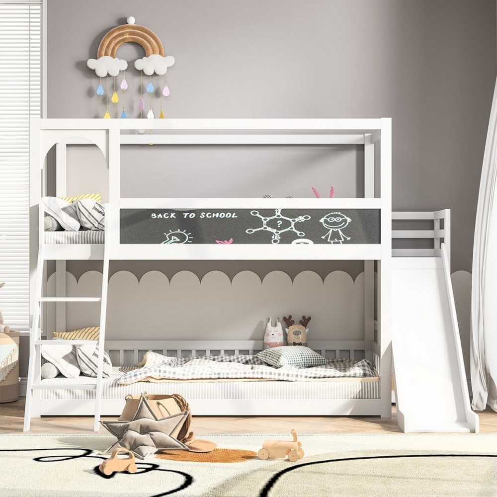 Furnishings Home Etagenbett Kinderbett Hochbett Stauraumbett (Rausfallschutz, geeignet für Jugendliche und Kinder), 90x200 cm, zwei Liegeflächen, mit Tafel, Lagerregal, Treppe, Rutsche Bild 1