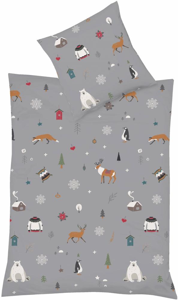 Fleuresse Mako-Satin Bettwäsche 135x200 Fuchs Hirsch Winter Bäume grau 114324-07 Bild 1