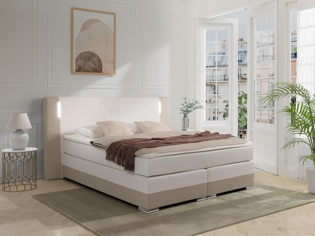 Vente-unique - LED-Boxspringbett mit Kopfteil + Lattenroste + Matratzen + Topper - 200 x 200 cm - Kunstleder - Weiß & Cremefarben - ASTI II von YSMÉE Bild 1