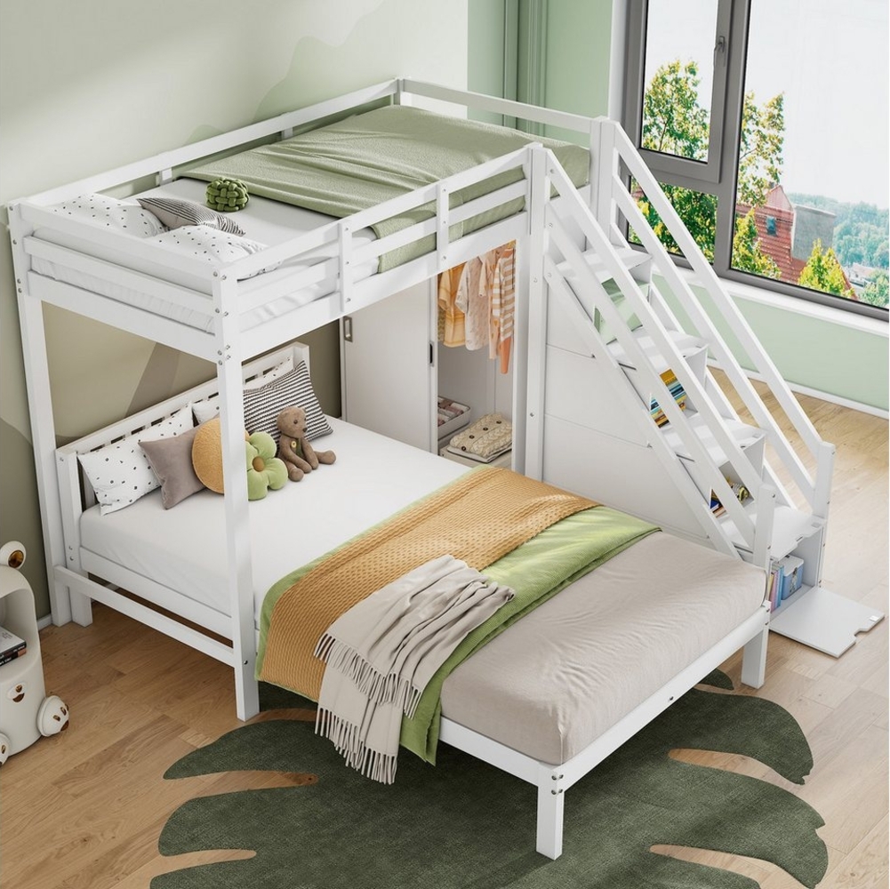 Ulife Etagenbett Platzsparendes Hochbett mit Garderobe Treppe und Kleiderschrank (Ohne Matratze), 90*200cm + 120*200cm Bild 1