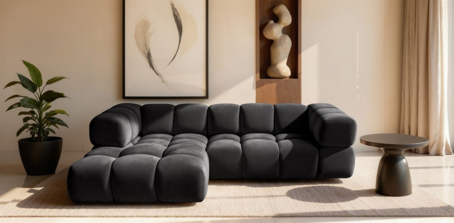 Ecksofa Designersofa BLANCHE in Stoff Bluvel Schwarz Ottomane Links Bild 1