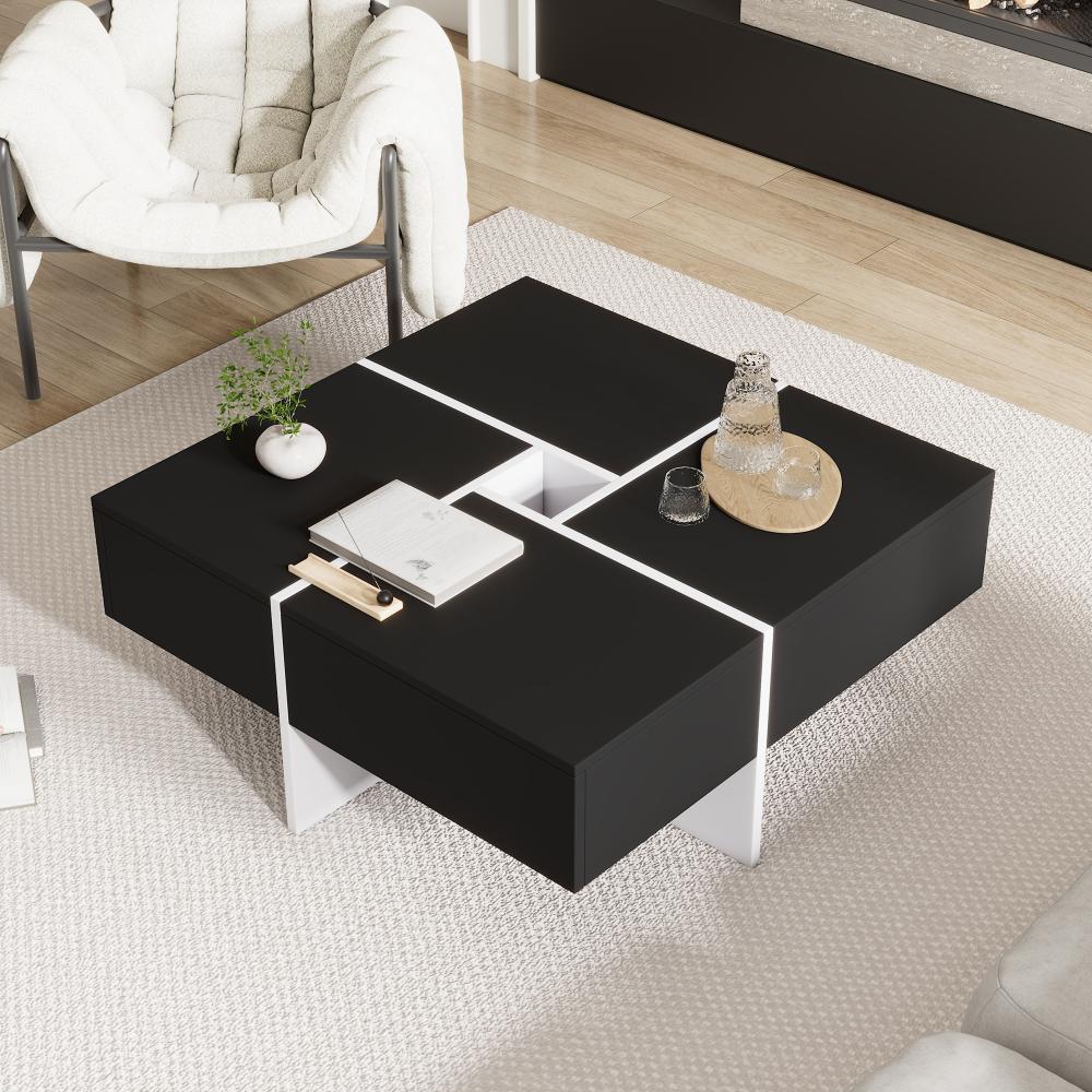 Merax Modernes 70*70*35cm Couchtisch mit 10*10cm Zentralem Aufbewahrungsfach, Schwarz Bild 1