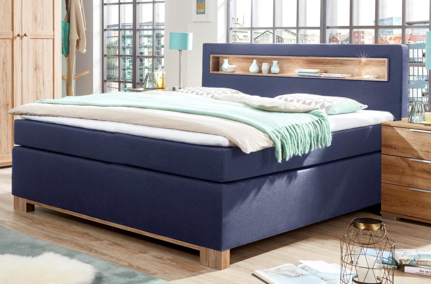 Wimex Boxspringbett Nevada, mit 7-Zonen-Taschenfederkernmatratze, Blau/Plankeneiche Bild 1