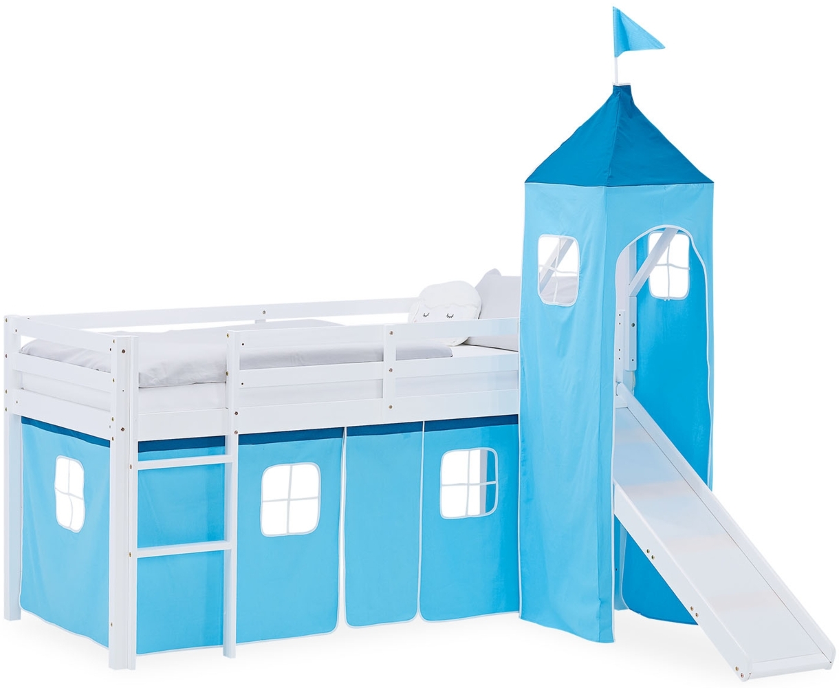 Hochbett Kinder 90x200 cm mit Rutsche Kinderbett Kinderhochbett Stockbett Vorhang Turm Blau Bild 1