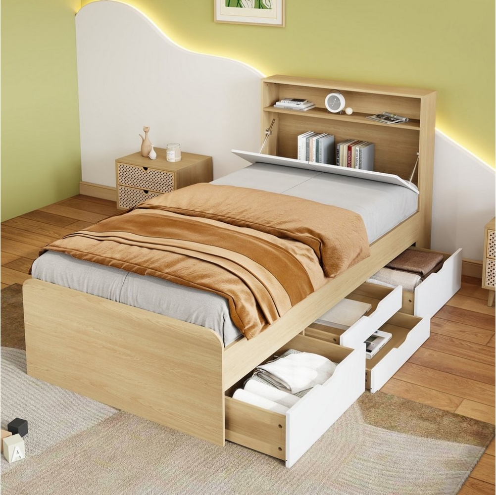 TavilaEcon Kinderbett Einzelbett Paneelbett mit 4 Schubladen, Kopfteil mit Klappenablage, Ecken mit Stoßschutz, 90x200 cm Bild 1