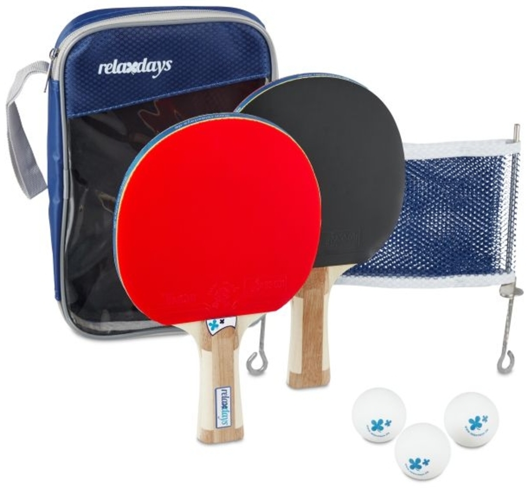 Relaxdays Tischtennis-Set inkl. 2 Schläger, 3 Tischtennisbälle, Tischtennisnetz & Reissverschlusstasche, Kunststoff rot / schwarz Bild 1