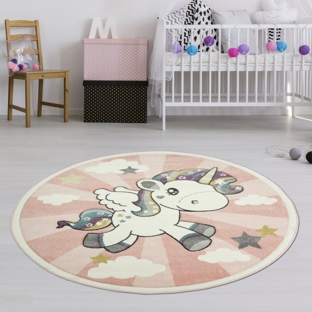 TeppichHome24 Kinderteppich Kinderteppich mit Einhorn Regenbogen in Rosa Creme, Rund, Höhe: 1.3 mm Bild 1