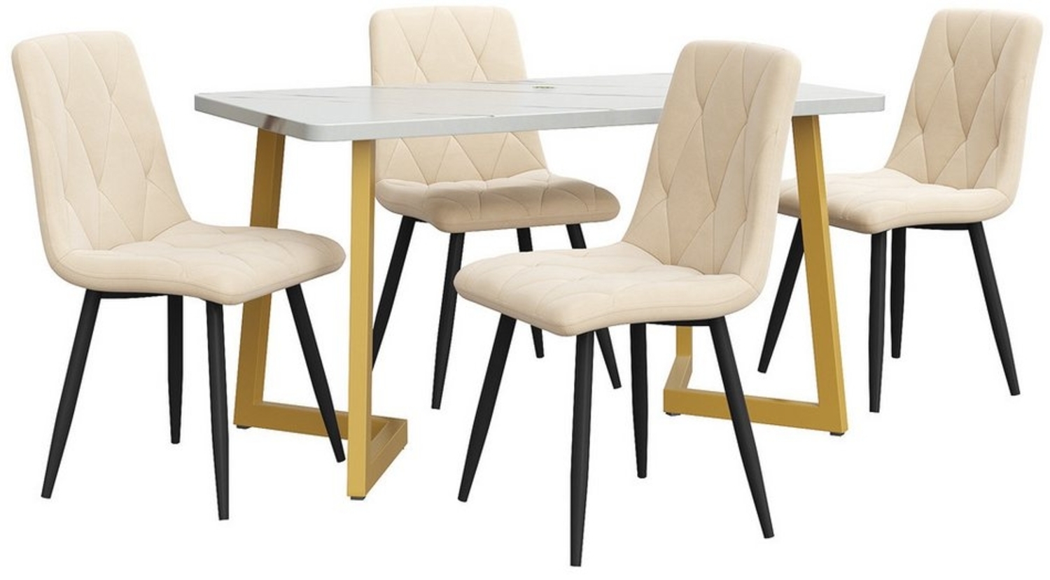 i@home Essgruppe 117×68cm Esstisch mit 4 Stühlen, (Rechteckiger Esstisch Moderner Küchentisch Set, Set, 5-tlg, für 4 Personen), Esszimmerstuhl Beige Twill Samt Küchenstuhl,Golden Tischbeine Bild 1