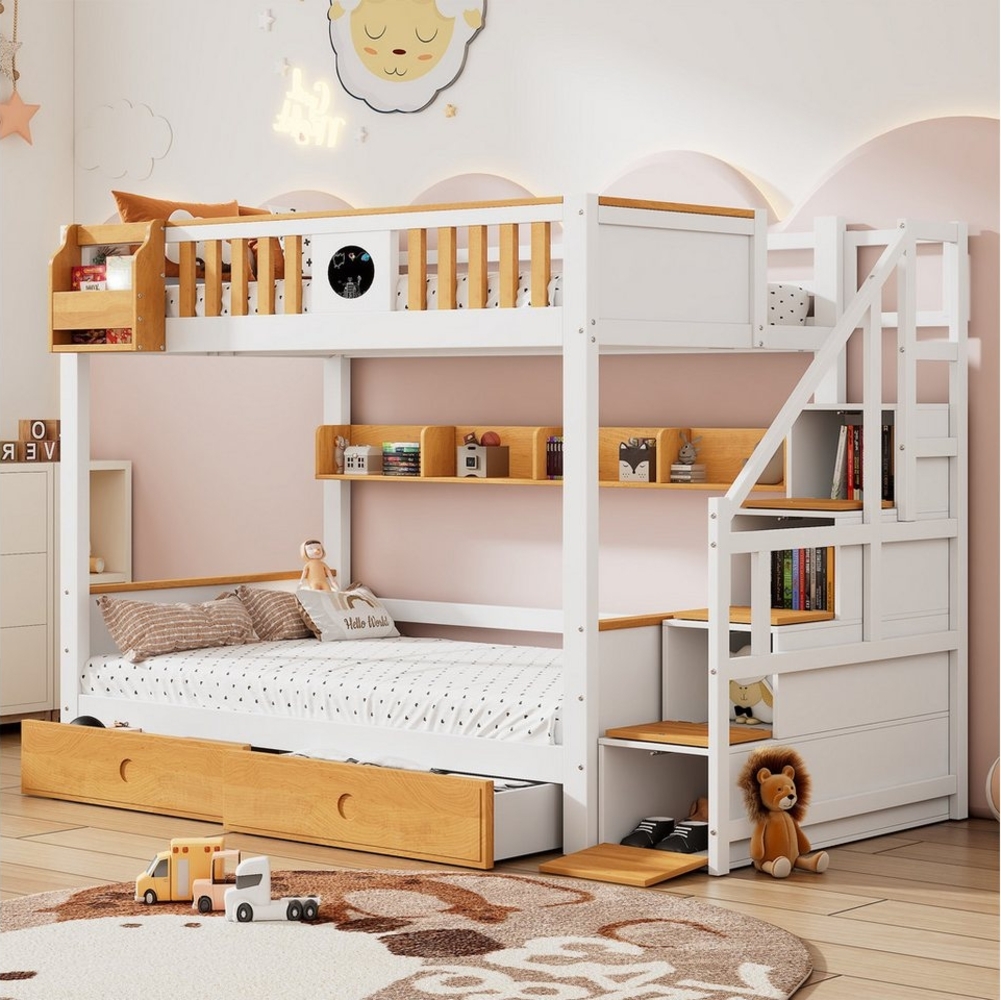 REDOM Etagenbett Holzbett Stauraumbett Kinderbett mit Fallschutzgitter und 2 Schubladen (Rahmen aus Kiefernholz und MDF, mit 4 Schließfächer in der Treppe, mit Fallschutzgitter und 2 Schubladen, Offenes Regal, 90x200cm), ohne Matratze, 90x200cm Bild 1