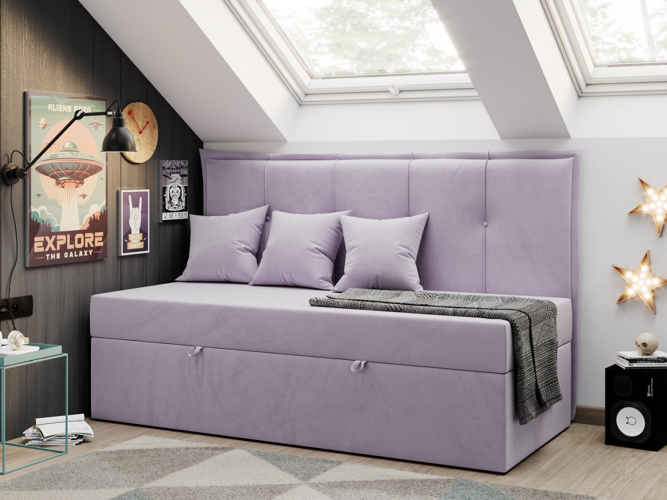 Kinderbett BANCO, Boxspringbetten für Kinderzimmer, Jugendbett, Einzelbett mit Matratze - Violett Velours - Topper T25 Bild 1