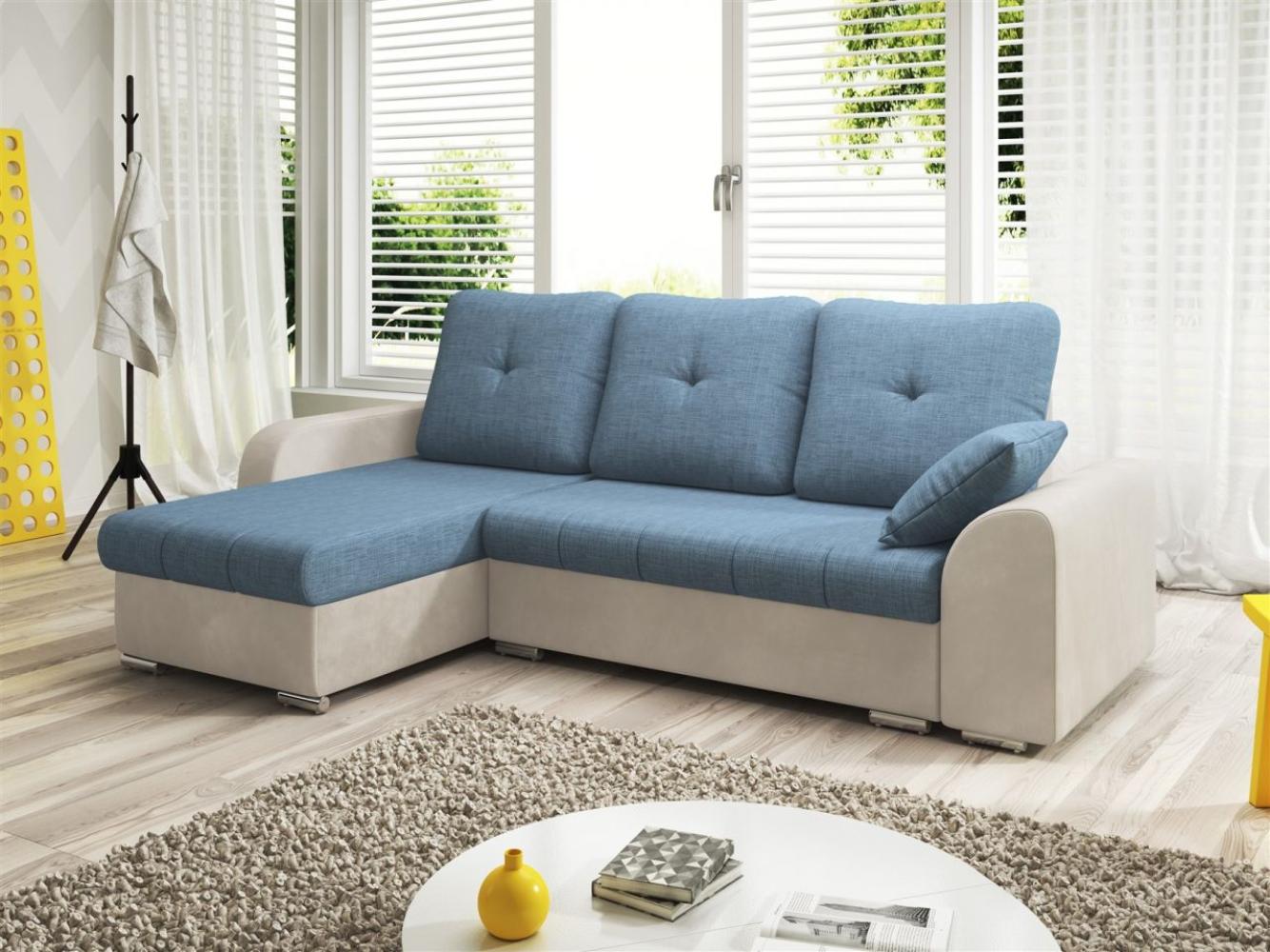 Ecksofa Sofa DEKOS mit Schlaffunktion Weiss / Hellblau Ottomane Links Bild 1