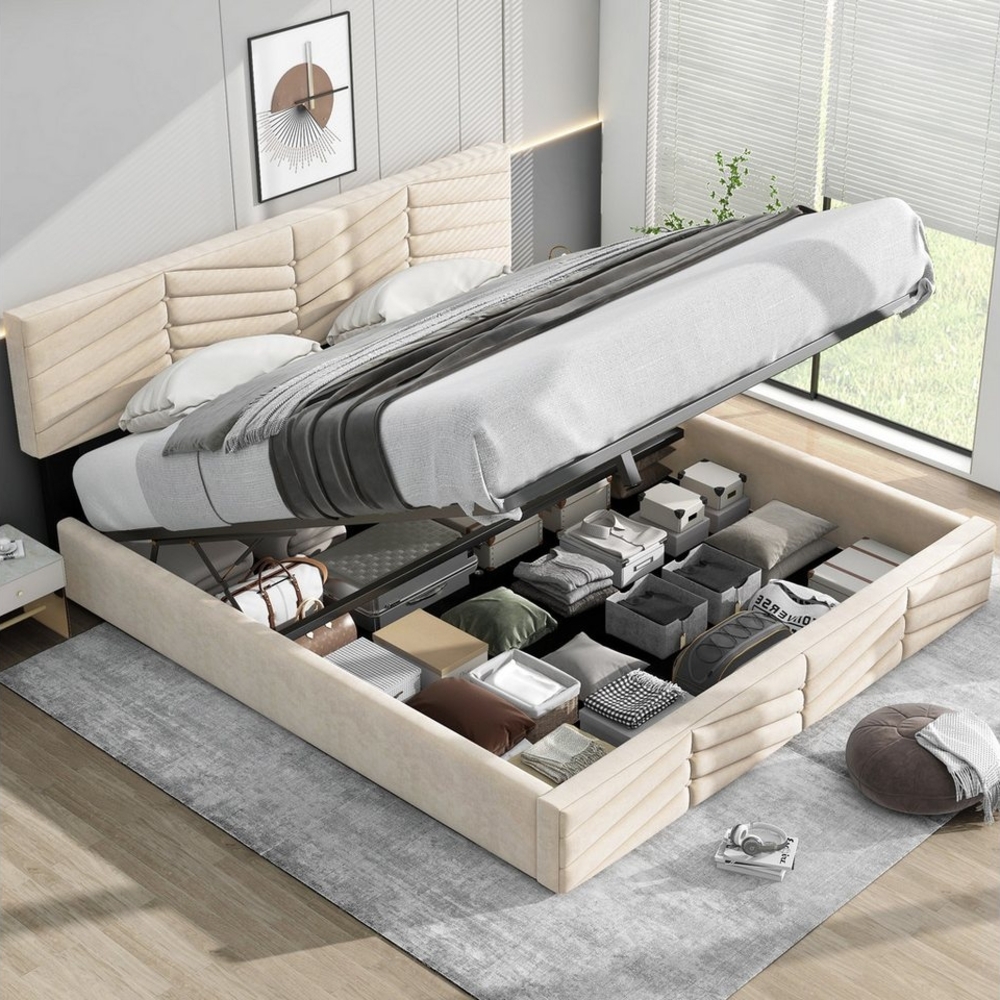 KLAM HOME Polsterbett hydraulisches Doppelbett Stauraumbett Continentalbett Samt 180 x 200cm (Ohne Matratze), Streifen-Stil Bild 1