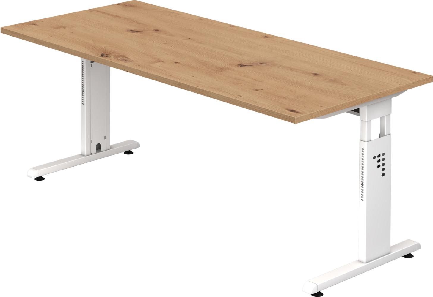 bümö höhenverstellbarer Schreibtisch O-Serie 180x80 cm in Asteiche, Gestell in weiß - großer PC Tisch für's Büro manuell höhenverstellbar, Computertisch verstellbar, OS-19-R-W Bild 1