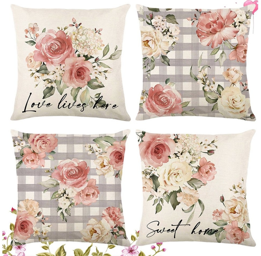 Jibenhome Kissenbezüge 45x45 Kissenbezug, 4er Kissenhülle Leinen Weiche Dekokissenbezug Sofa, Blume Pillow Cover Kissen Bezug, Zierkissenbezug Garten Wohnzimmer Bild 1