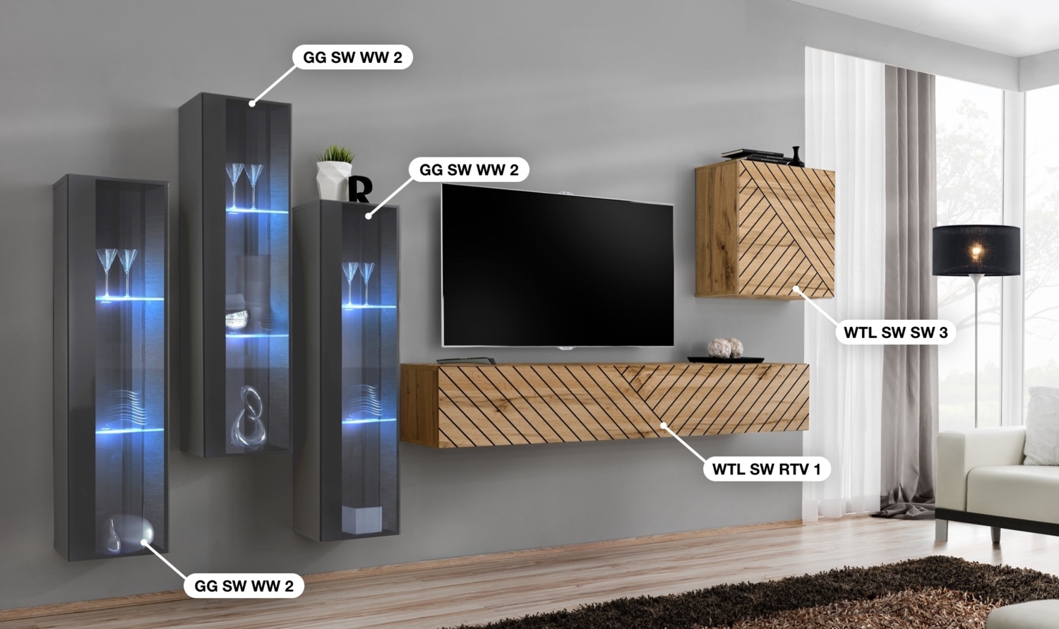 Wohnwand Switch Lamel, Korpus: Graphit, Wotan / Front: Graphit hochglanz PVC, Wotan PVC (gerillt) Bild 1