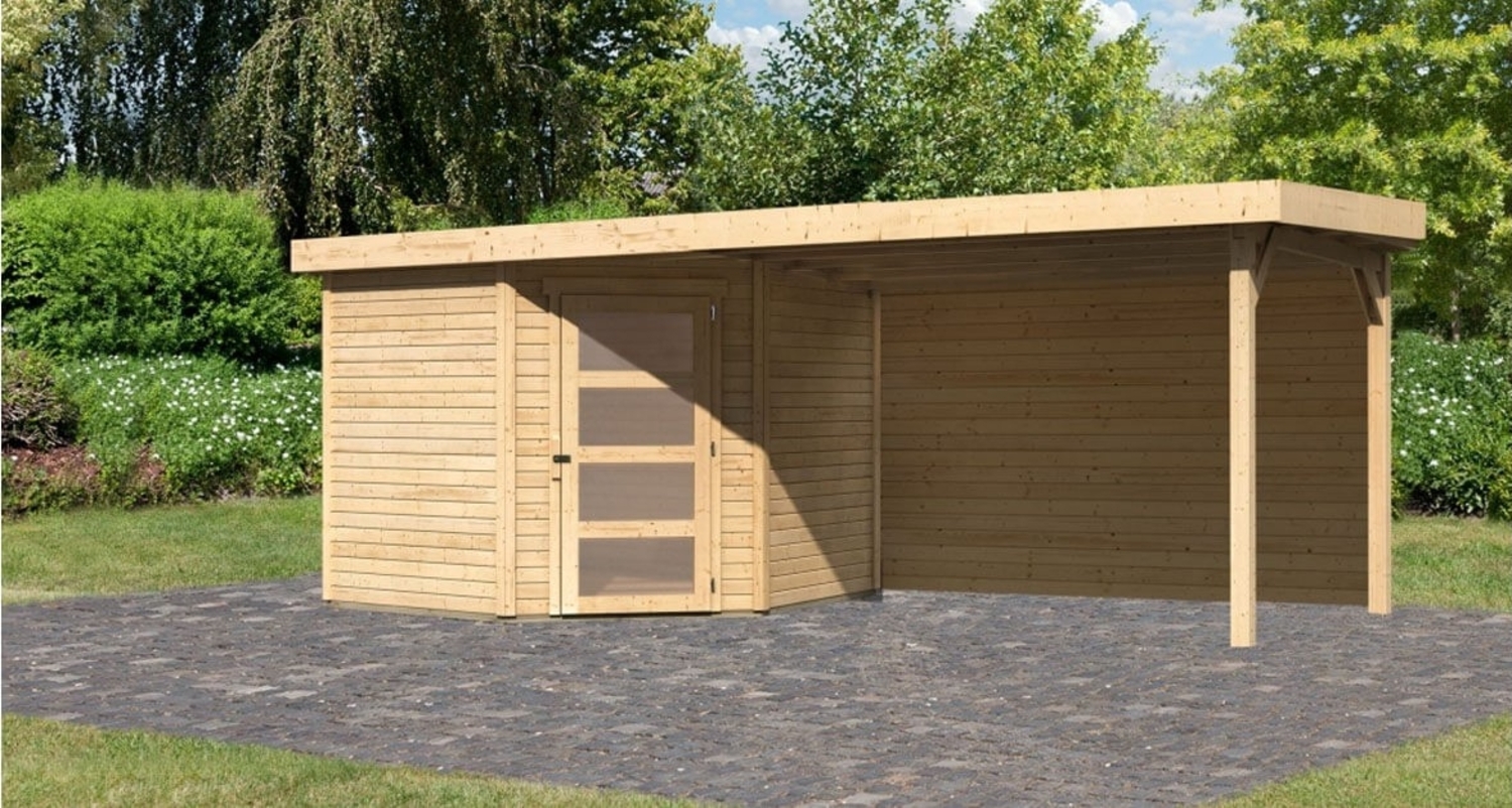 Karibu Woodfeeling Gartenhaus Schwandorf mit Anbaudach Gartenhaus aus Holz Holzhaus mit 19 mm Wandstärke inklusive Schleppdach Blockbohlenhaus mit Montagematerial Bild 1