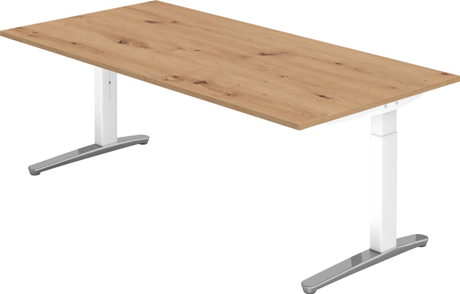 bümö® Design Schreibtisch XB-Serie höhenverstellbar, Tischplatte 200 x 100 cm in Asteiche, Gestell in weiß/alu poliert Bild 1