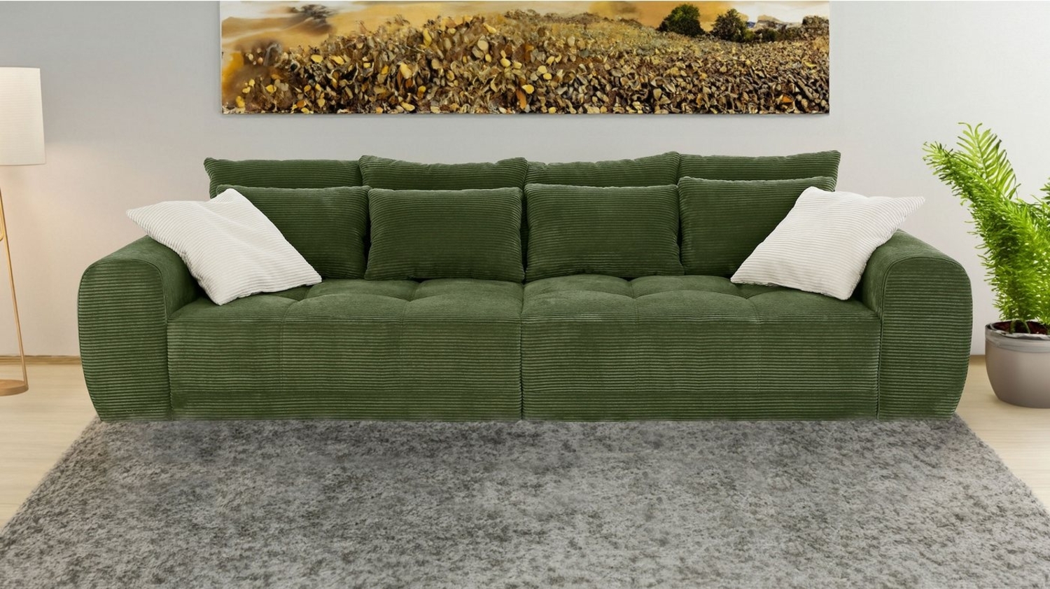 Massivart® Big-Sofa JANNI Cord beige oder grün 308 cm / 4-Sitzer, Cordsofa / Federkernpolsterung / 10 Kissen Bild 1