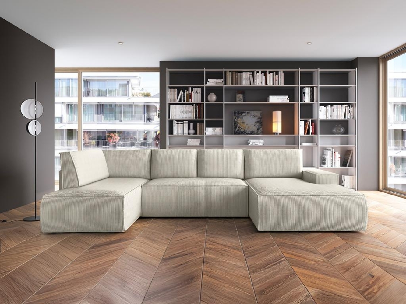 Vente-unique - Große Wohnlandschaft - Ecke rechts - Mit Schlaffunktion - Cord - Beige - AMELIA Bild 1
