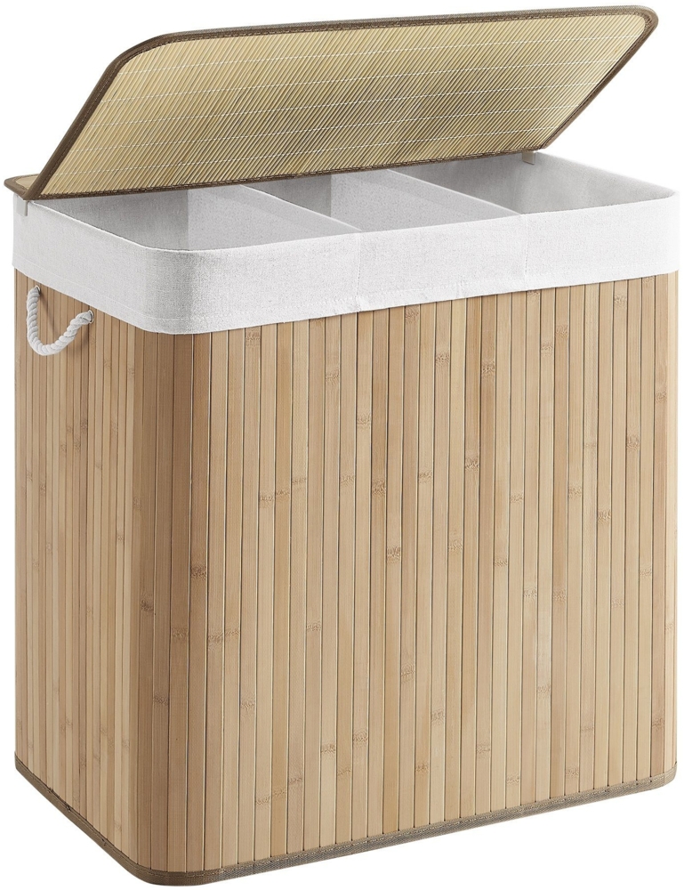 Songmics Wäschekorb mit 3 Fächern, Bambus natur, 60 x 40 x 61,5 cm Bild 1