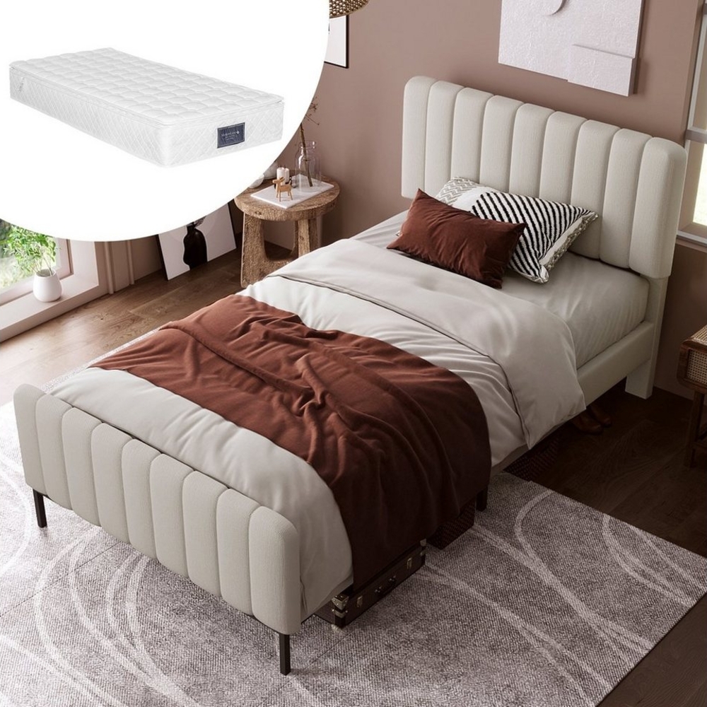 BlingBin Einzelbett Polsterbett Doppelbett (1-tlg, mit Lattenrost, Grau-Beige), Verstellbares Kopfteil,Mit Matratze,90 x 200 cm Bild 1