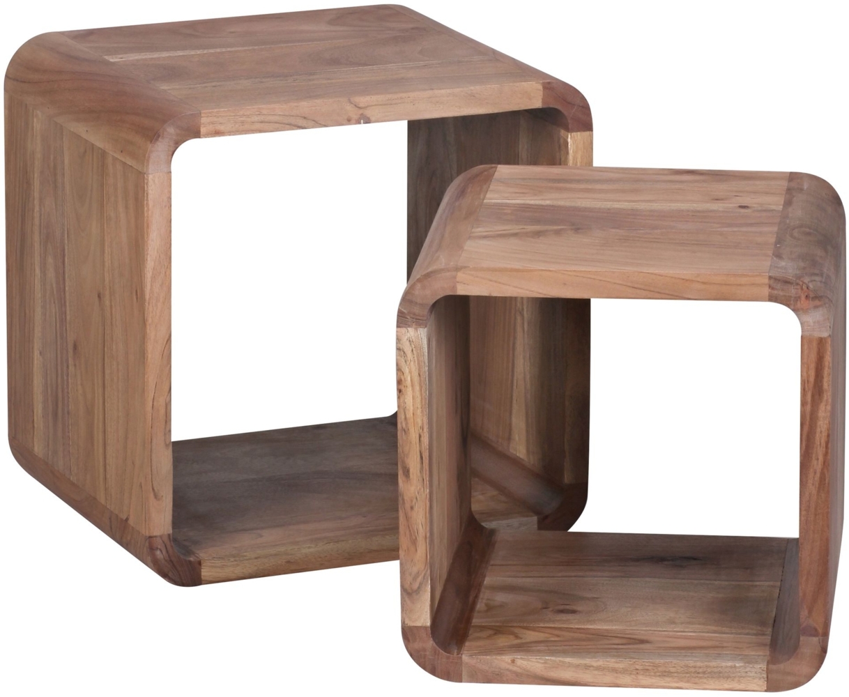 2er Set Satztisch BOHA Massivholz Design Couchtisch Akazie 2 Tische, Würfelregal-Set Braun, Wohnzimmertisch Massiv, Beistelltische Holz Landhaus Stil, Holztisch Wohnzimmer | Bild 1