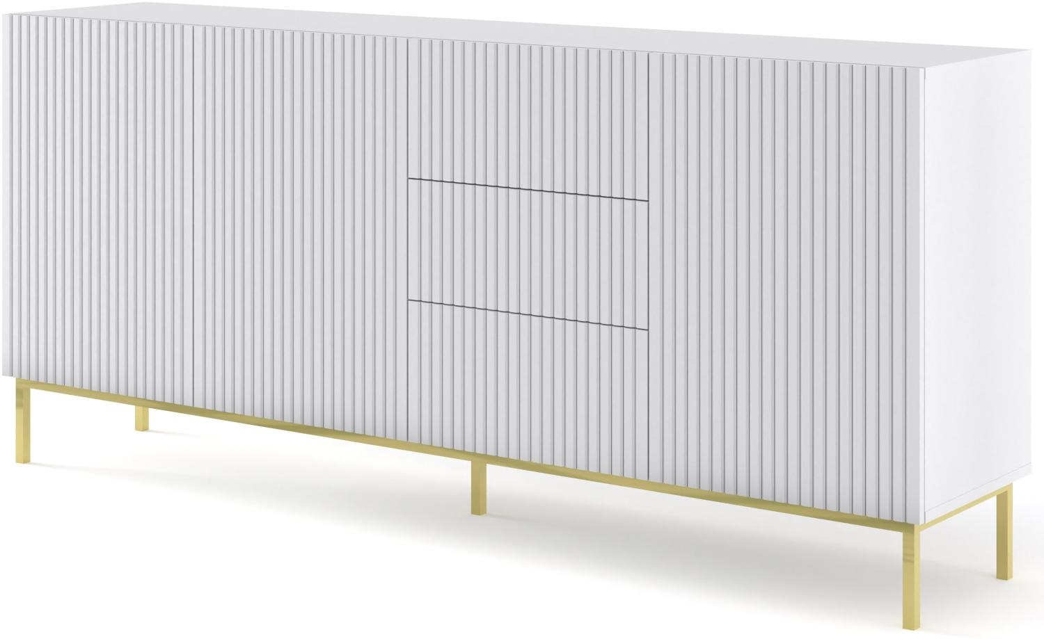 Domando Sideboard Moneglia M2 Klassisch Breite 200cm, Push-to-open-Funktion, besondere Fräsoptik, goldenes Gestell in Weiß Matt und Goldgestell Bild 1