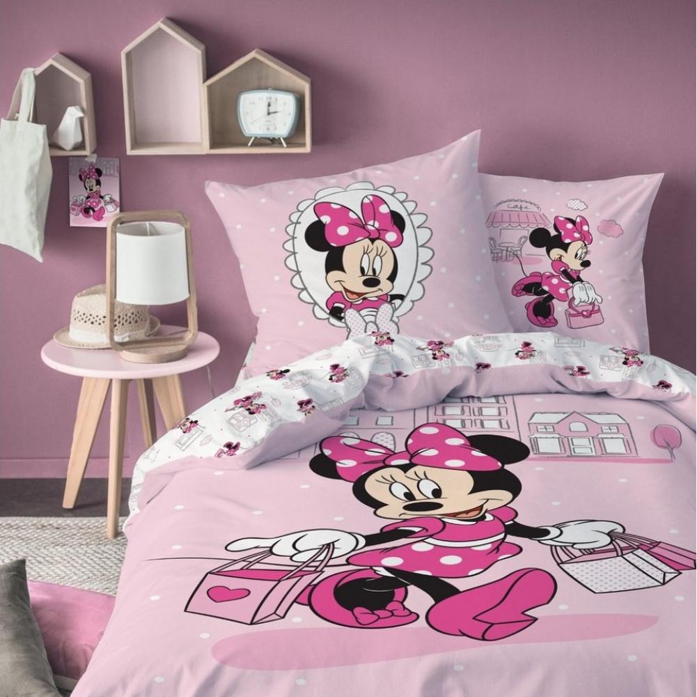 MTOnlinehandel Kinderbettwäsche Minnie Mouse 135x200 + 80x80 cm, 100 % Baumwolle, Biber, 2 teilig, süße Disney Minnie Maus Bettwäsche in rosa, pink & weiß Bild 1