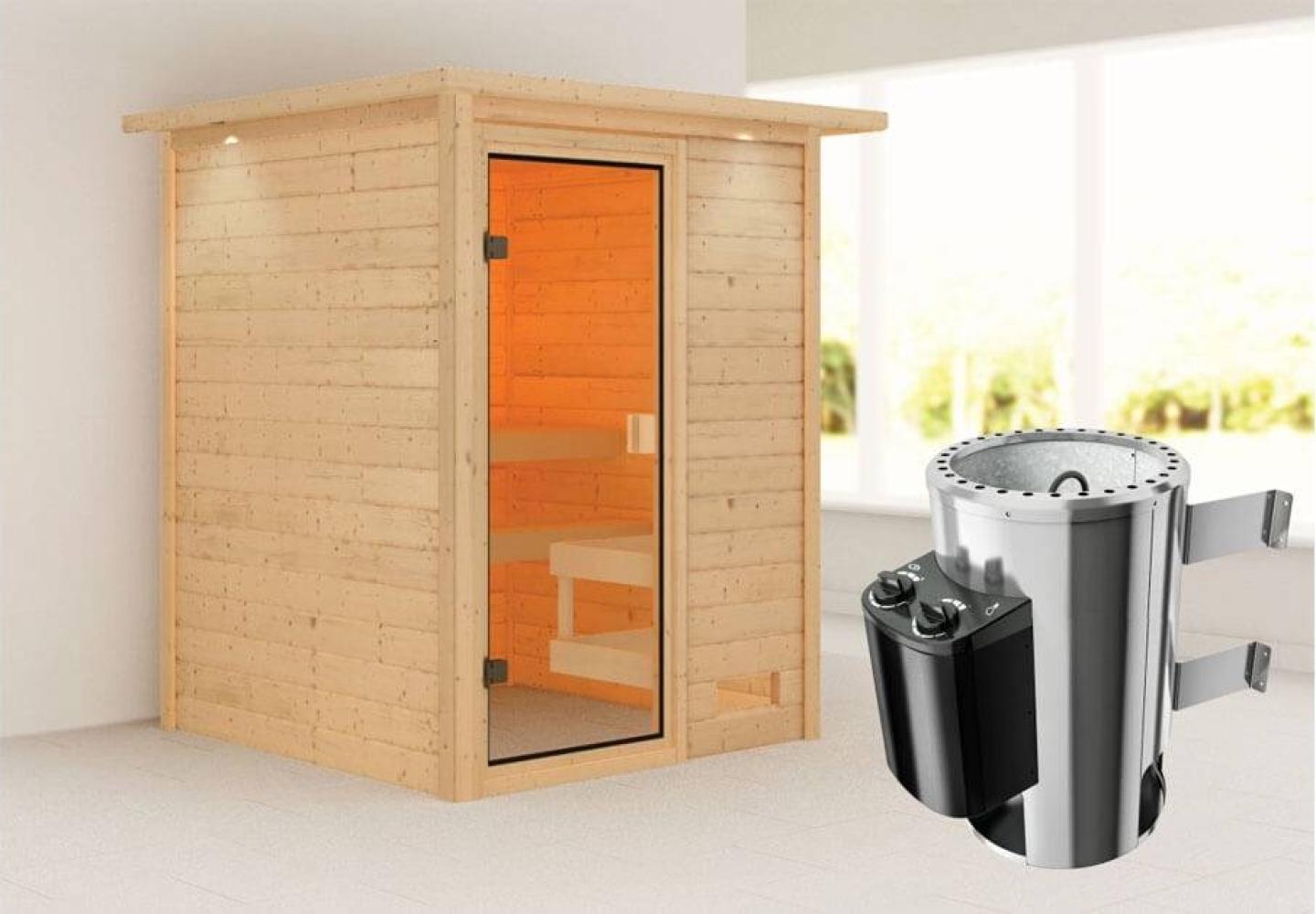 Karibu Sauna Sandra mit Dachkranz + 3,6kW Plug&Play Ofen integrierte Steuerung Bild 1