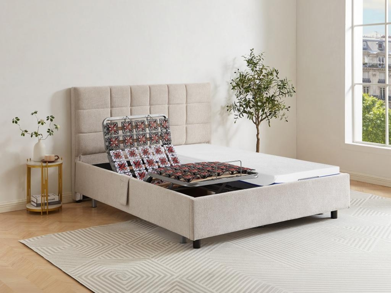 Dekoratives Bett mit elektrischer Relaxfunktion mit Tellern + Memory-Schaum-Matratze - 2 x 80 x 200 cm - Stoff - Beige - EREGA von DREAMEA Bild 1