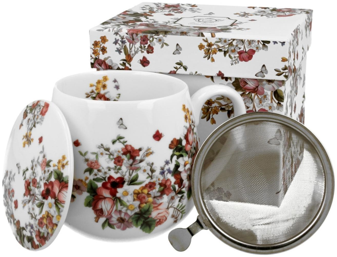 DUO FLORAL Fassbecher 430 ml VINTAGE FLOWERS WHITE mit Teesieb, New Bone China Porzellan Bild 1