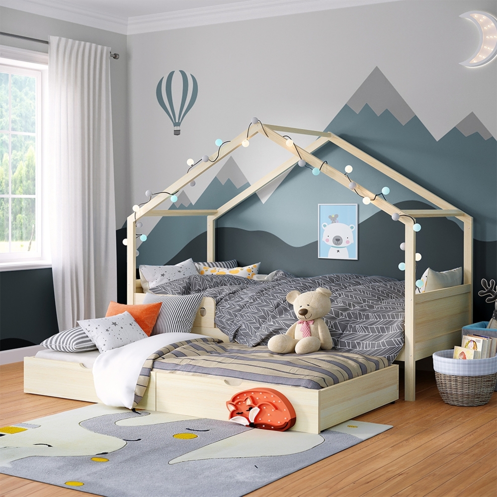 Bellabino 'Bela' Hausbett 90x200 cm mit Gästebett 90x190 cm, natur, Kiefer Massivholz, Montessori Kinderbett mit Ausziehbett, inkl. Rausfallschutz und Lattenrost Bild 1