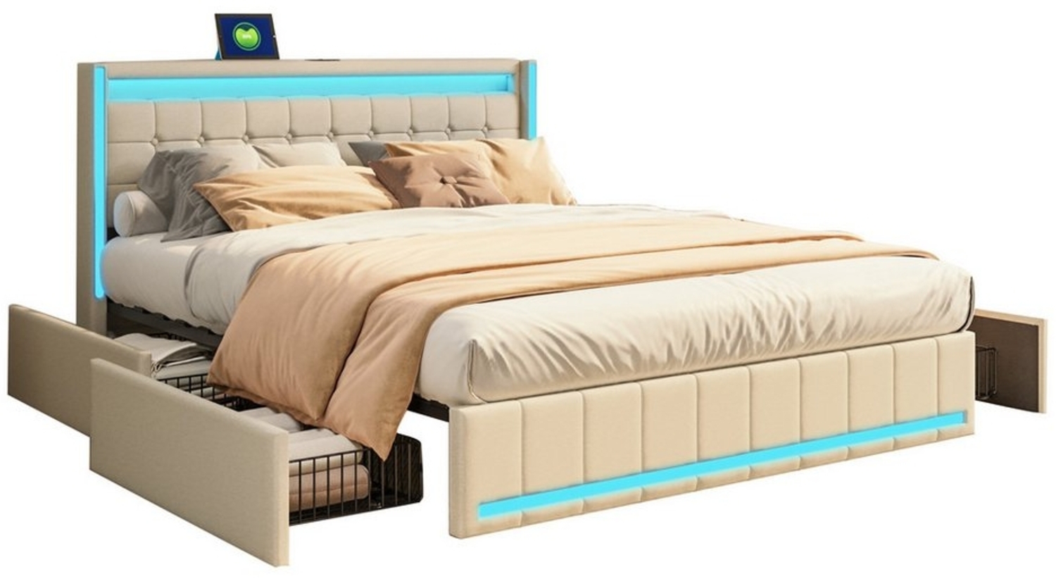 FUROKOY Polsterbett Polsterbett mit Ladefunktion(2 USB + Typ-C),LED-Beleuchtung, (Bettgestell (Ohne Matratze) Lattenrost aus Holz, Beige, Stauraumbett Doppelbett Bettgestell (Ohne Matratze), Leinen Stauraumbetten mit 4 Schubladen Bild 1