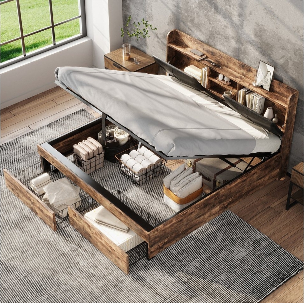 STILVORA Metallbett 140x200 Metallbett Holzbett mit Stauraum,Hydraulikbett mit Lattenrost (140 x 200cm), mit Lattenrost ohne Matratze, mit Kopfteil, Leicht zusammenzubauen Bild 1