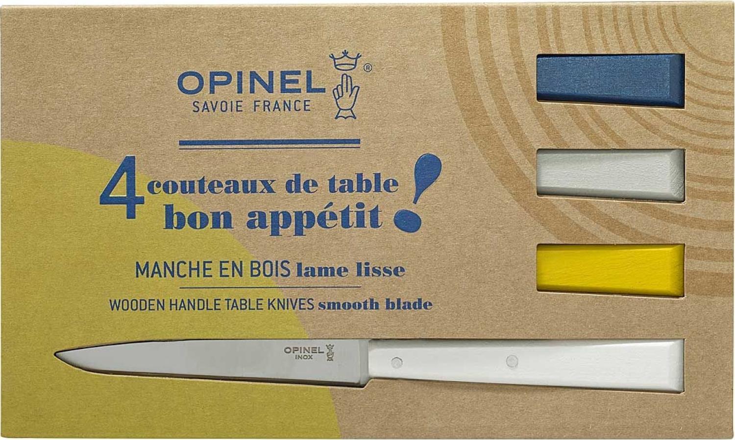 Opinel Bon Appetit Celeste Tafelmesser - rostfrei - 4 tlg - Stahl 12C27 - Buchenholzgriffe in weiß - blau - gelb - grau Bild 1