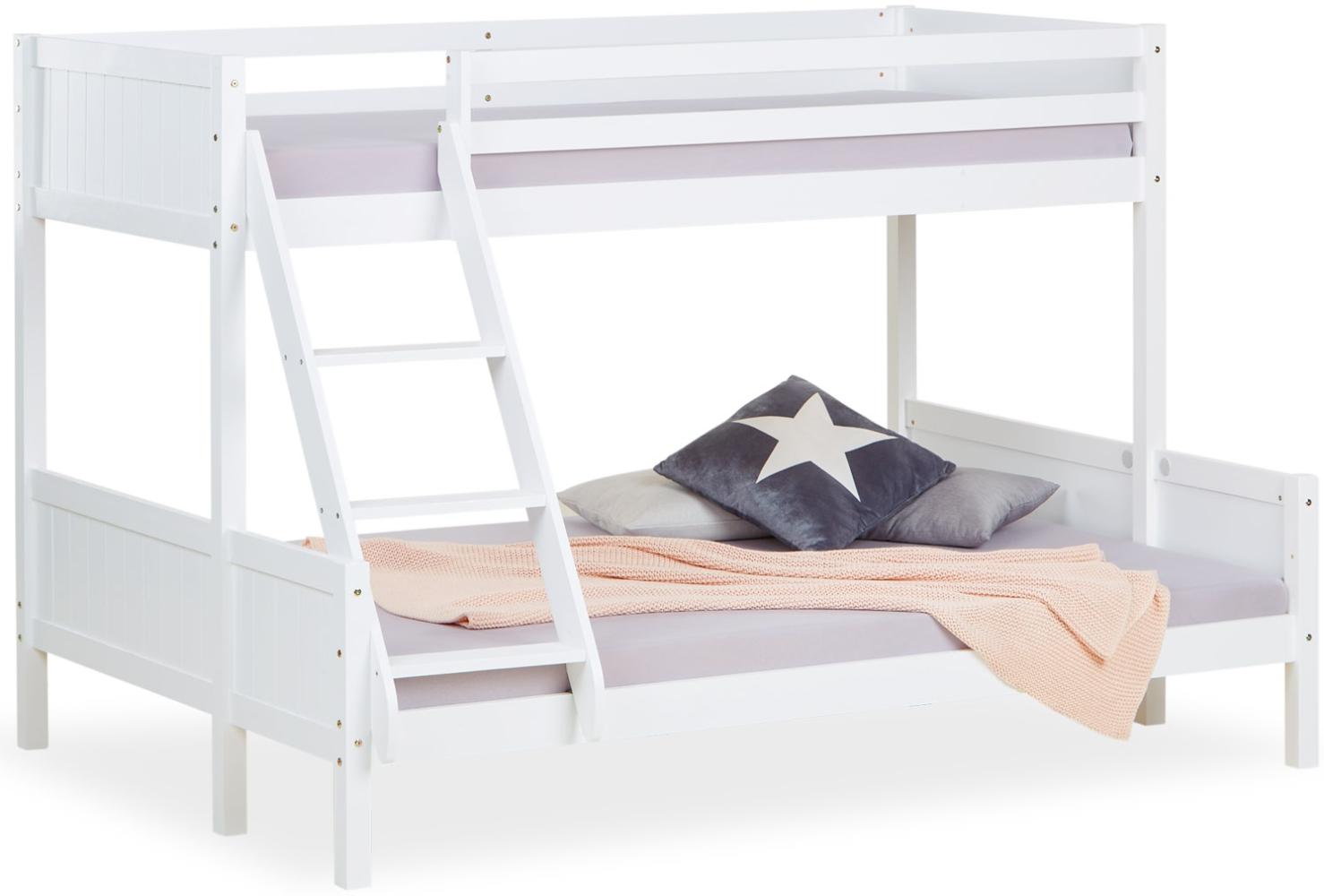 Homestyle4u Kinderbett Etagenbett 90x200 und 140x200 Jugendbett Hochbett Weiß, lackiert, massives Kiefernholz Bild 1