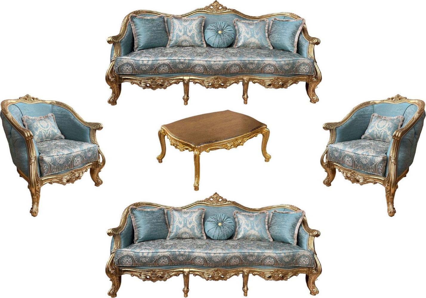 Casa Padrino Luxus Barock Wohnzimmer Set Türkis Muster / Gold - 2 Barock Sofas & 2 Barock Sessel & 1 Barock Couchtisch - Luxus Wohnzimmer Möbel im Barockstil - Barock Möbel - Edel & Prunkvoll Bild 1