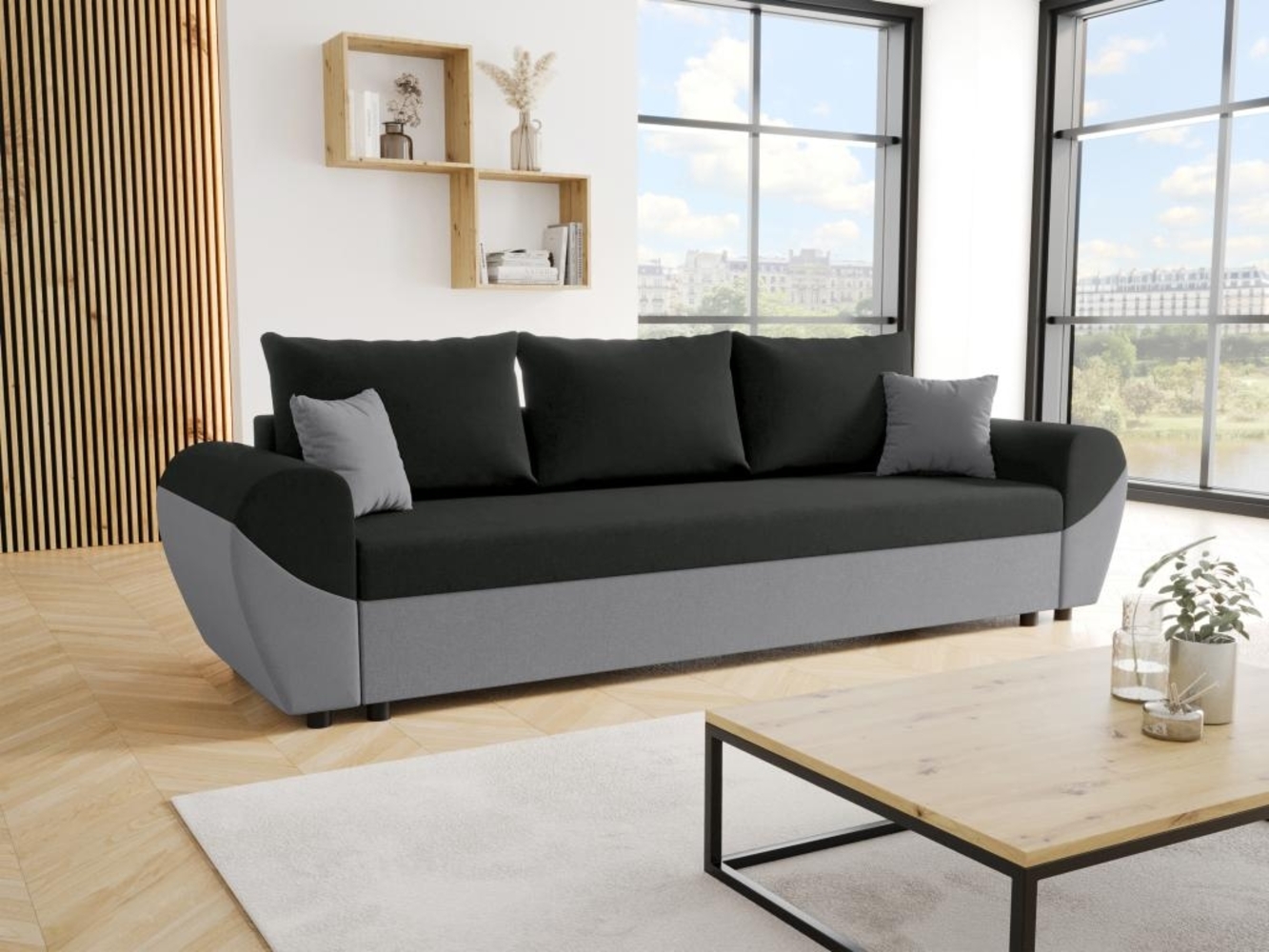 Vente-unique - Sofa mit Schlaffunktion 3-Sitzer - Stoff - Schwarz & Grau - LIERNO Bild 1