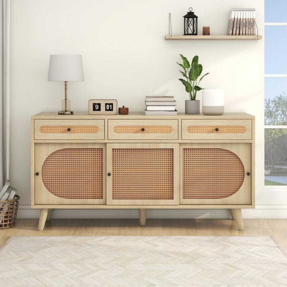 Merax Sideboard Landhausstil mit Schublade und 6 Fächer, Kommode mit Rattangeflecht,Anrichte,TV-Board,B:140cm Bild 1