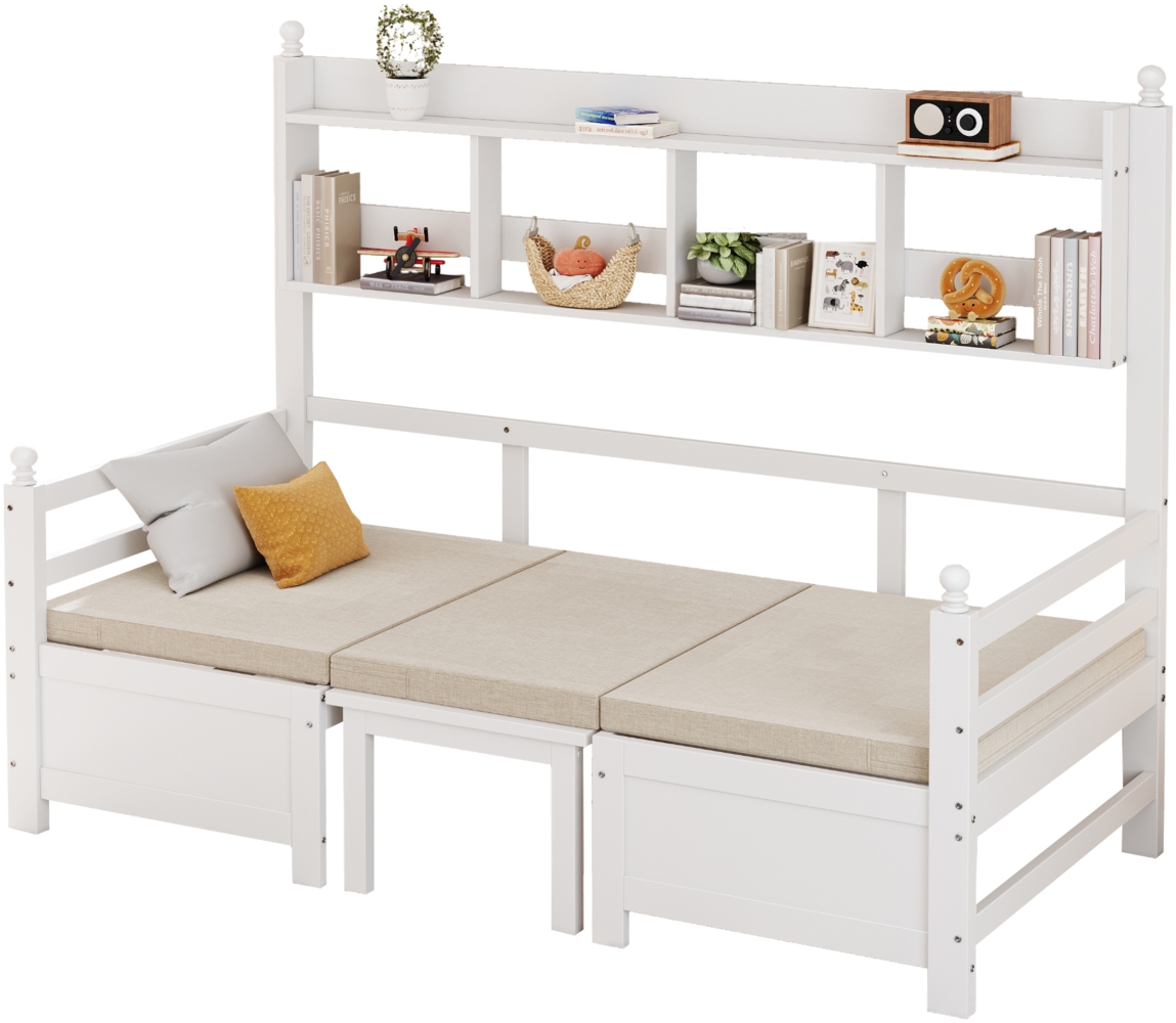 Merax Daybett Multifunktionales Massivholz Schlafsofa 200x90 cm, 2-in-1 Bett und Schreibtisch, Frei Umbaubar, Mit Bücherregal Zur Aufbewahrung, Mit Bequemen Kissen, Gästebett Einzelholzbett, Weiß Bild 1