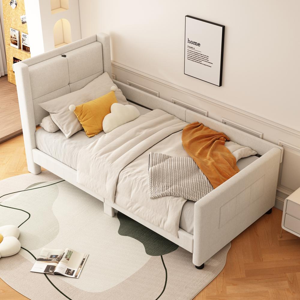 Merax Einzelbett, Polsterbett, mit USB-Anschluss, minimalistisches Design, Beige, 90x200 cm Bild 1