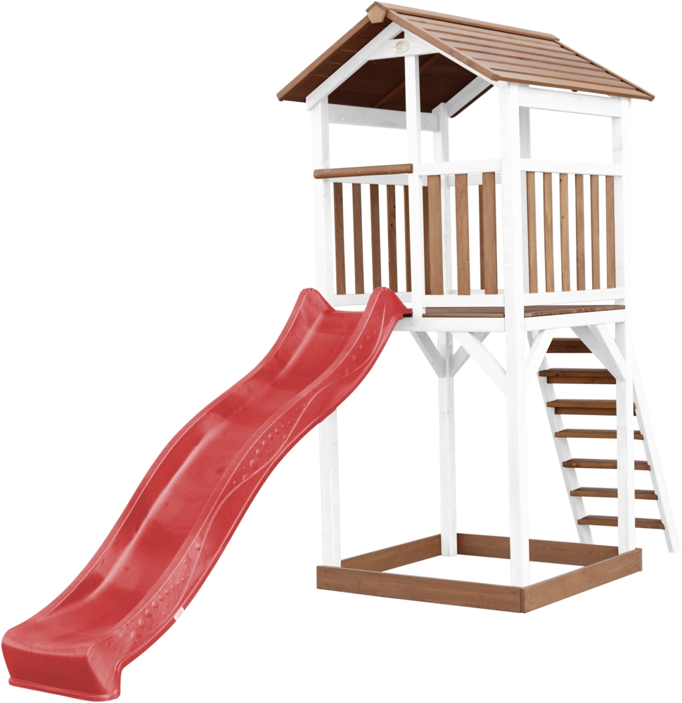 AXI Beach Tower Spielturm aus Holz in Braun & Weiß Spielhaus für Kinder mit roter Rutsche und Sandkasten | Braun, weiß, rot | Holz | 349 cm Bild 1